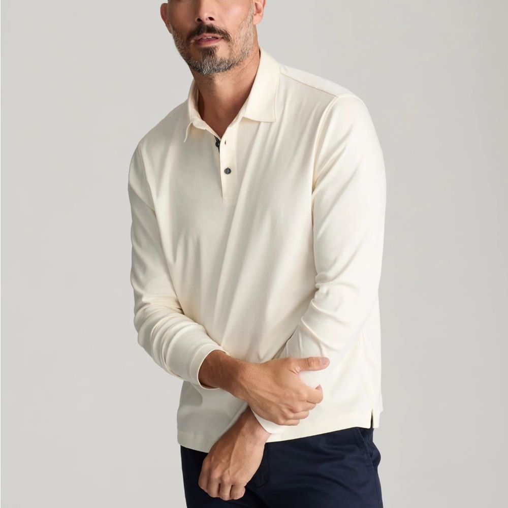 Untuckit Shirt - Wrinkle-Free Damaschino Long-Sleeve Polo in Ecru